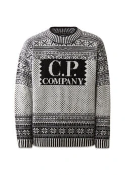 C.P. Company KNITWEAR CREW NECK LOGO LAMBSWOOL - White / Black