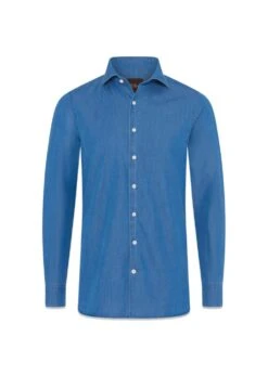 Oscar Jacobson Slim Fit Cut Away Denim Shirt - Denim Blue